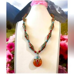 Vintage Ethnic Tibetan Beads Inlay Stones With Amber Resin Pendant Necklace 23in